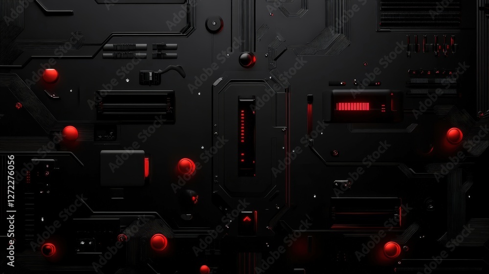 Poster a futuristic circuit board design featuring a sleek black background with glowing red elements