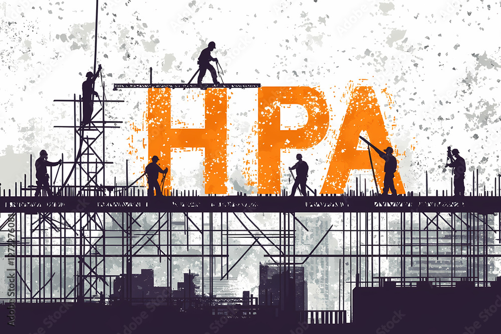 Poster building the future: silhouette of construction workers collaborating, constructing a large structur