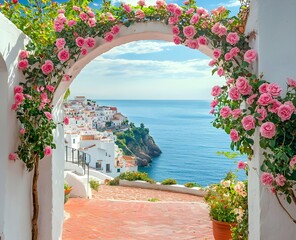 Fototapeta premium A white arch with pink roses frames a cliffside path, an ocean, and a quaint town in southern Italy