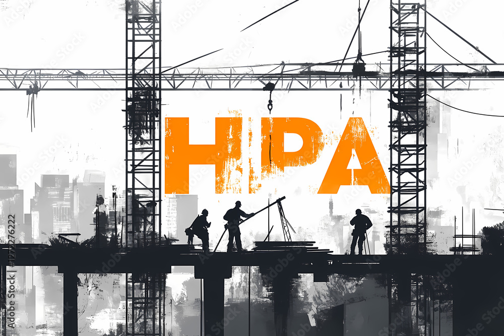 Poster constructing progress: silhouetted construction workers diligently work, framed by the sturdy infras