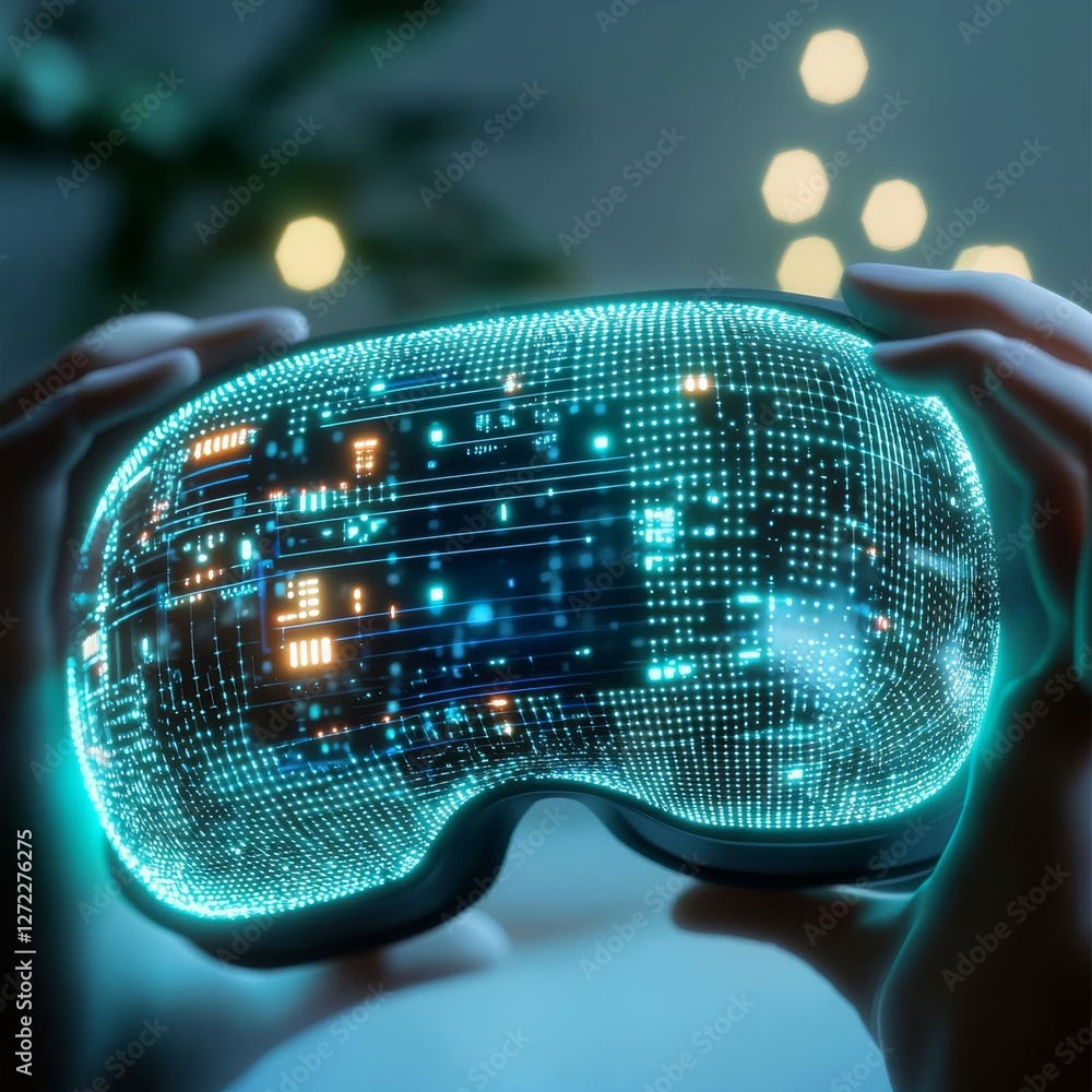 Poster explore a revolutionary augmented reality headset with a sleek design and vibrant led circuitry, uni