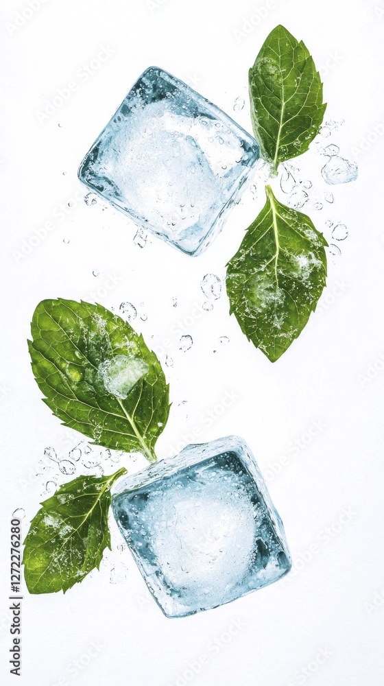 Aufkleber Three crystal-clear ice cubes rest on a clean white surface, accompanied by fresh green leaves, creating a sharp contrast. Tiny water droplets glisten, adding a refreshing touch to the arrangement