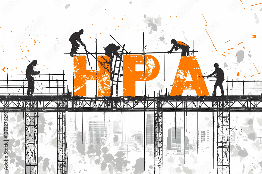 Poster building a vision: construction workers meticulously build up the large hfa letters in a metaphoric 
