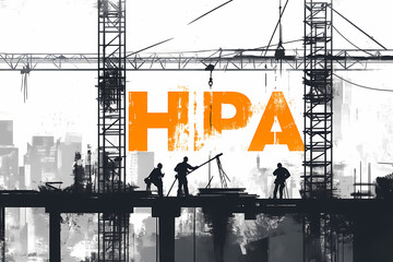 Constructing Progress: Silhouetted construction workers diligently work, framed by the sturdy infrastructure of a dynamic building site, while a bold HPA inscription embodies the core of the activity.