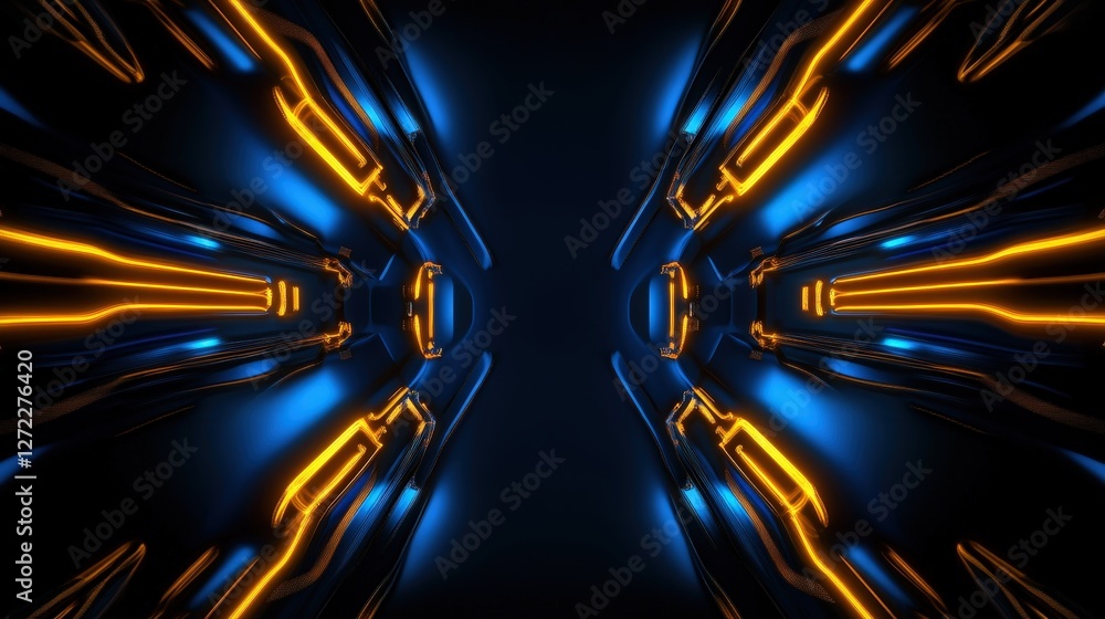 Poster a futuristic and dynamic digital tunnel showcasing vibrant blue and orange light patterns, creating 