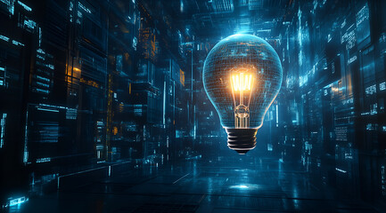 Obraz premium glowing light bulb against a digital technology background, symbolizing innovation and creativity.