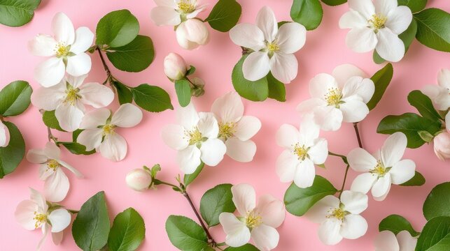 Spring apple blossoms, pastel pink background, floral arrangement, for greeting card design or social media