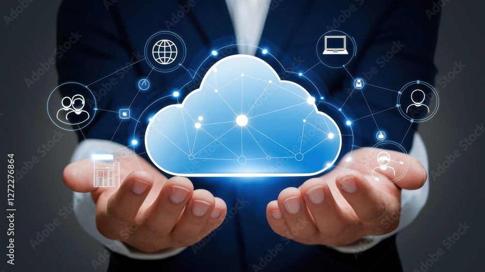 Poster cloud computing concept with hands holding digital cloud and icons