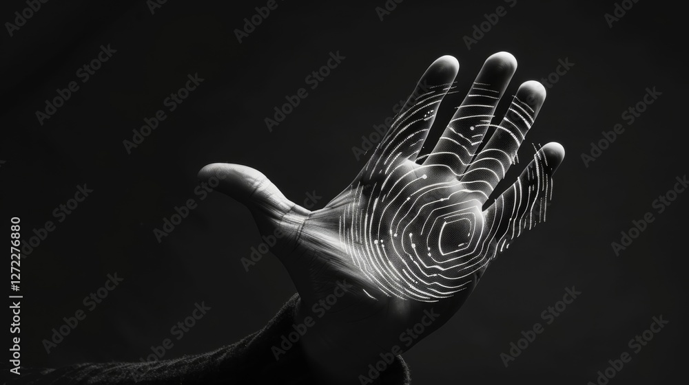 Poster a monochromatic image of a persons hand with a holographic blockchain fingerprint emanating from it 