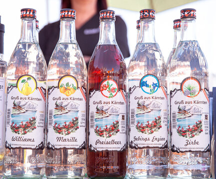 Austrian spirits bottles display with fruit and herbal flavors