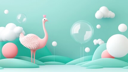 Pink Ostrich in a Dreamlike Pastel Landscape