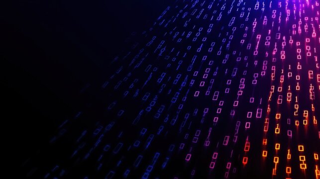 A dynamic visualization of binary code cascading in vibrant colors against a dark background. This abstract representation symbolizes digital transformation and data flow.