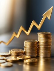Investment growth depicted with gold coin piles, a 3D stock profit chart, and a rising percentage arrow showcasing financial success