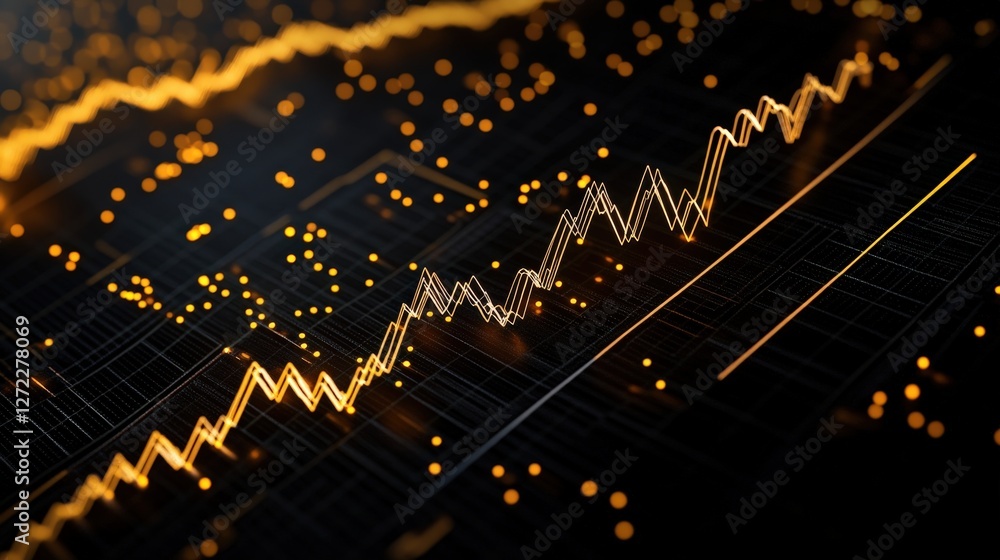 Poster a dynamic graphic representation of financial data trends with vibrant golden lines and points, illu