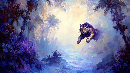 Majestic tiger leaping jungle twilight, vibrant colors, mystical atmosphere, fantasy art print