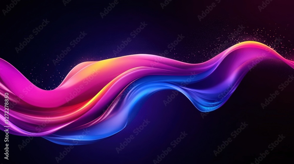 Poster a dynamic abstract wave of colorful light, blending shades of pink and blue against a dark backgroun