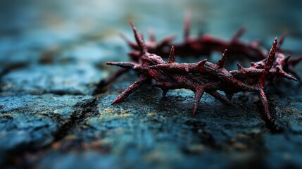 A striking crown of thorns lies against a rugged background, evoking introspection and contemplation during Passion Week. The dark colors enhance its somber message of sacrifice
