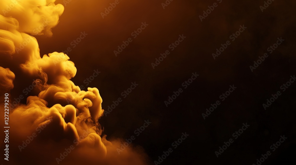 Poster a dramatic scene of swirling golden smoke blending with dark shadows, creating a mesmerizing display