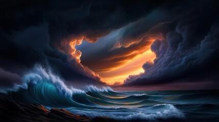 A dramatic seascape captures the tumultuous waves beneath a swirling sky. The vibrant sunset peeks through dark clouds, creating a striking contrast between light and shadow.