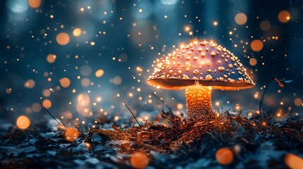 Illuminated Mushroom In Enchanted Forest Setting