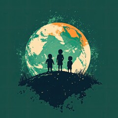 Children on Hilltop, Earth in Background, Peaceful Scene