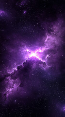 Stunning cosmic nebula with vibrant purple hues, swirling gas clouds, and distant stars in space