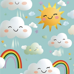 A colorful poster with smiling clouds and a rainbow. generated using AI