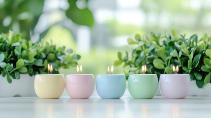Obraz premium Pastel candles burning, plants, window, serenity