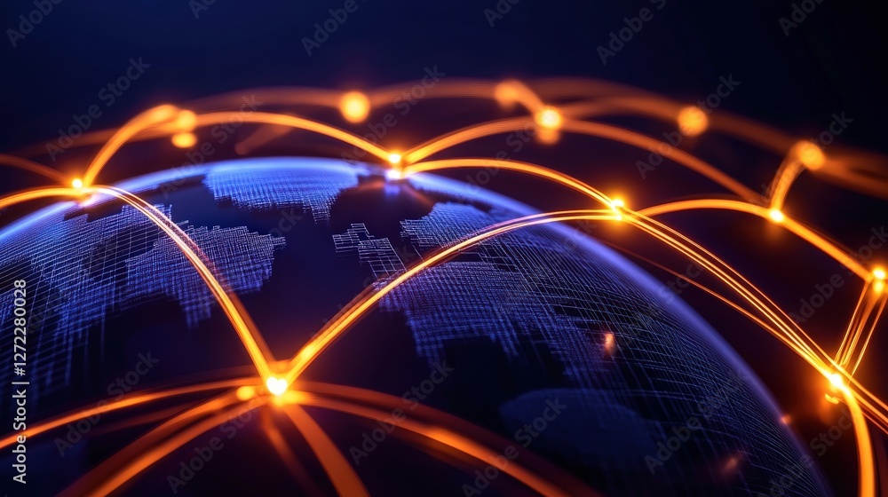 Poster a digital representation of global connectivity, highlighting network lines connecting various point
