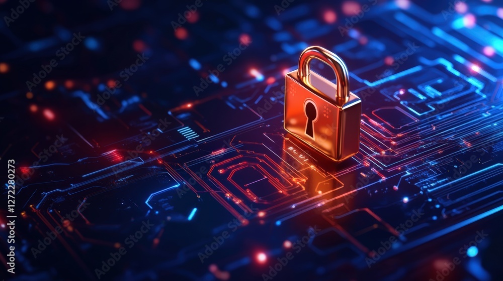 Poster a digital padlock symbolizing cybersecurity, placed on an abstract circuit board background. the vib