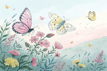 Watercolor butterflies and flowers meadow sunrise