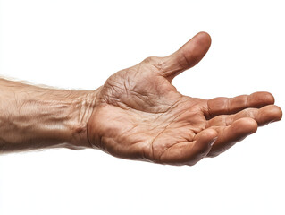 An elderly person's hand, detailed view with visible veins and skin texture, white background