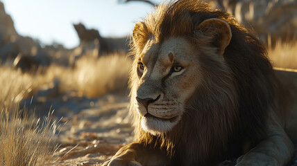 Obraz premium lion is lying on the grass with blur background