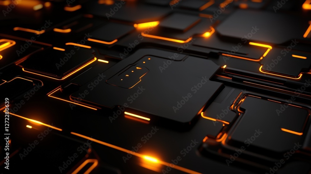 Poster a detailed close-up of a modern circuit board featuring intricate patterns and luminous orange highl