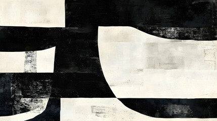 Abstract black and white shapes, textured canvas, modern art piece