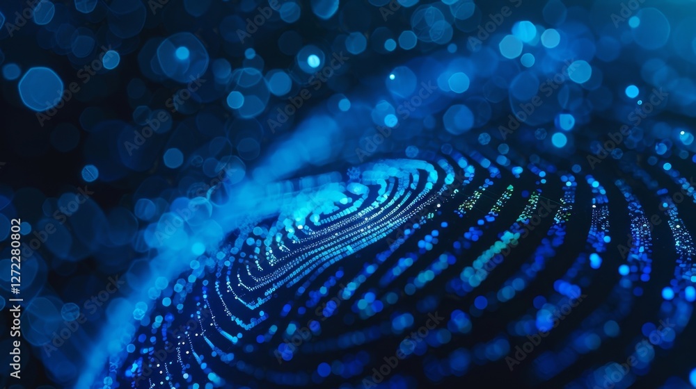Poster a bright blue background with a large blockchain fingerprint at the center highlighting the futurist