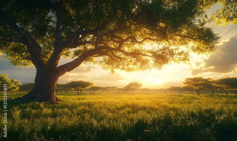 Poster golden light filtering through trees in a meadow at sunset with a large tree in foreground