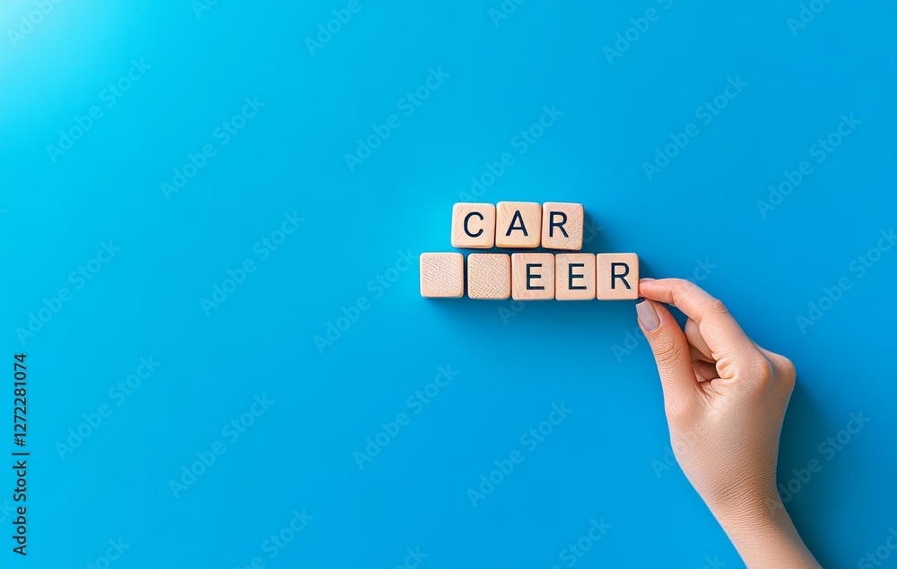 Poster hand setting a wooden cube block on a blue background with the word career visible and space for cus