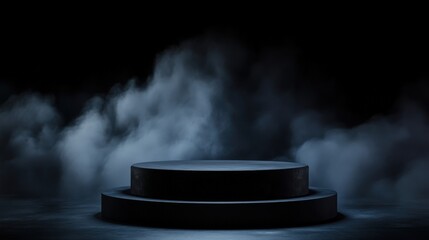 A dark and dramatic scene featuring a circular podium surrounded by swirling mist