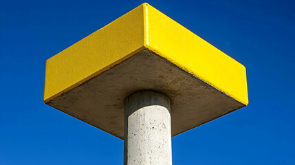 Fototapeta premium Yellow concrete marker post against blue sky, outdoor urban scene, graphic design element