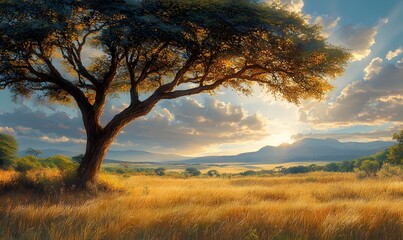Fototapeta premium Golden Savannah Landscape with a Tree at Sunset under a Cloudy Sky