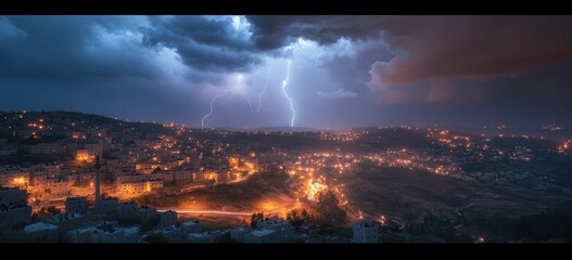 Obraz premium Cityscape Stormy Night Lightning Jerusalem