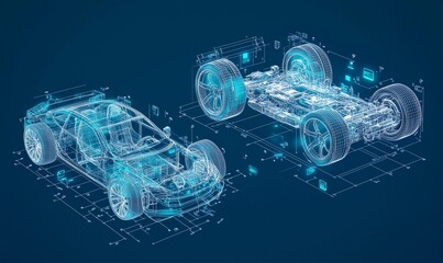 Blue wireframe graphic illustrates exploded view of a car and chassis with technical details and annotations