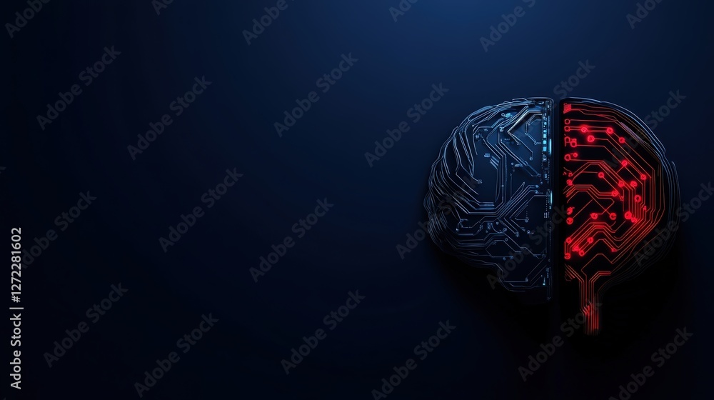 Poster a conceptual representation of a brain merging with digital technology, highlighting the interplay b