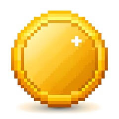 8-bit pixel art style golden coin icon isolated on a white background.