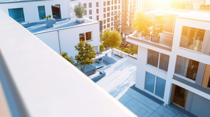 Naklejka premium Modern Architectural Design in Urban Living: High-Rise Apartments with Balcony Gardens and Greenery