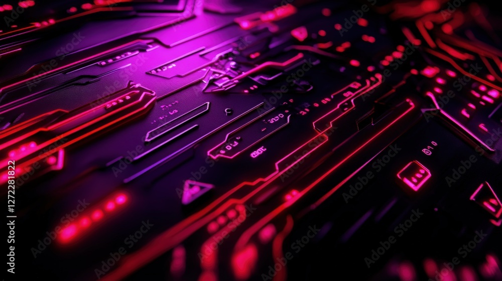 Aufkleber a close-up view of vibrant red and purple circuit board patterns, showcasing the intricate details o