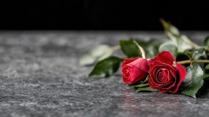 Two red roses on dark surface, romantic setting