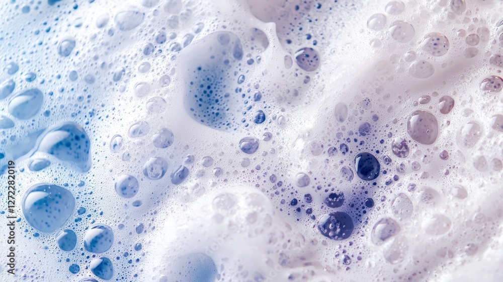 Poster Bubbles swirl and dance, forming a captivating texture of soft white and blue hues. The lively foam reflects light, creating an enchanting atmosphere in a serene bath setting