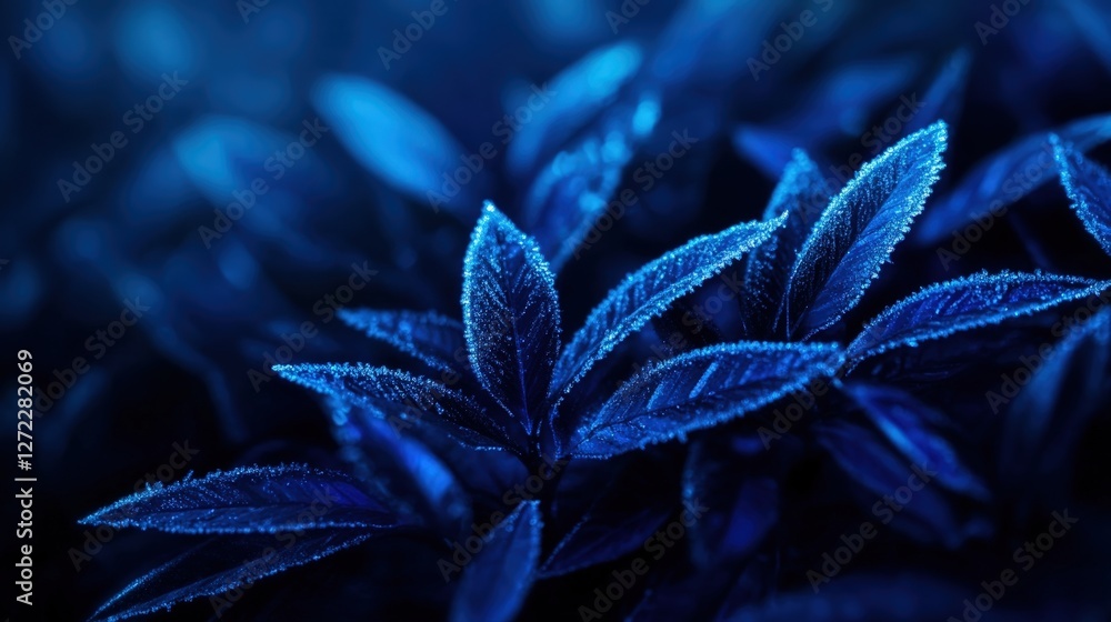 Poster a close-up view of vibrant blue leaves, shimmering with dew, creating a tranquil atmosphere in natur